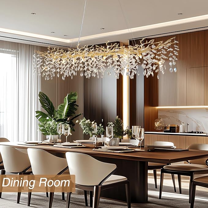 71" Modern Crystal Chandelier, 20-Light Gold Tree Branch Chandelier, Luxury Rectangular K9 Crystal Raindrop Chandeliers for Dining Room, Kitchen Island, Living Room, Contemporary Pendant Light Fixture