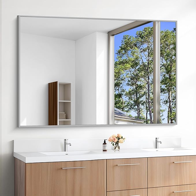 KOCUUY Silver Bathroom Mirror, 55"x36" Large Rectangle Bathroom Mirror for Wall, HD Tempered Glass, Anti-Rust Brushed Silver Frame, Modern Design for Bathroom, Bedroom, Hang Horizontal/Vertical