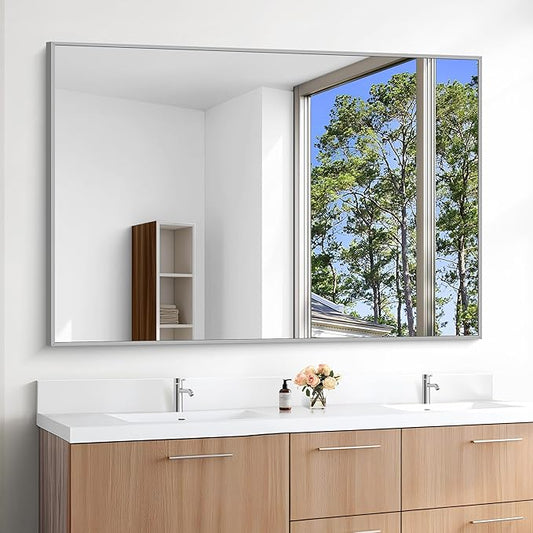 KOCUUY Silver Bathroom Mirror, 55"x36" Large Rectangle Bathroom Mirror for Wall, HD Tempered Glass, Anti-Rust Brushed Silver Frame, Modern Design for Bathroom, Bedroom, Hang Horizontal/Vertical