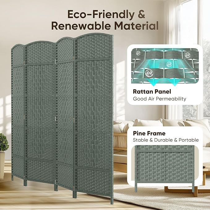 JOSTYLE Folding Privacy Room Divider, 4 Panel Screen Divider 6 ft. Tall Freestanding Extra Wide Rattan Room Partition Wall Separation Dividers, Grey