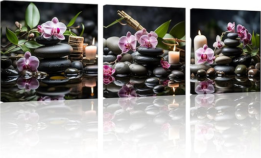 TutuBeer 3 Panels Zen Wall Art Zen Pictures for Bathroom Spa Stone with Bamboo Pictures Prints on Canvas for Home Office Wall Decor Stretched and Framed Each Panel 14x14inch