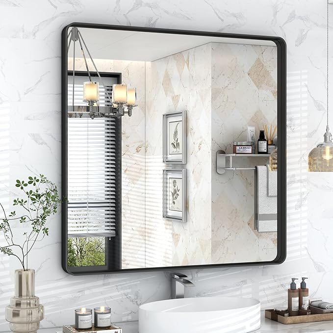 36x36 Inch Square Black Framed Bathroom Mirror for Wall, Matte Framed Bathroom Vanirty Mirror, Rounded Corners Rectangle Mirror, Tempered Glass, Anti-Rust