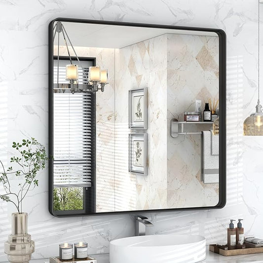 36x36 Inch Square Black Framed Bathroom Mirror for Wall, Matte Framed Bathroom Vanirty Mirror, Rounded Corners Rectangle Mirror, Tempered Glass, Anti-Rust