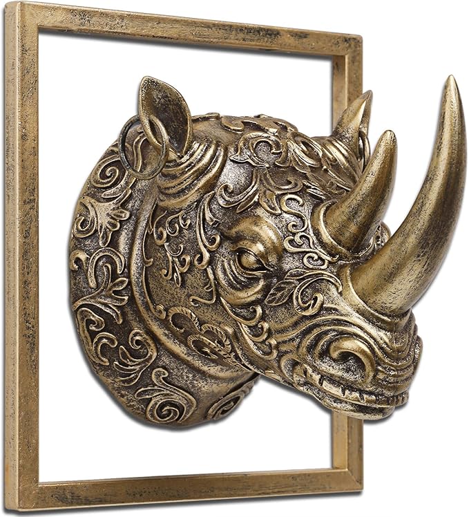 JJALIGHTS Exquisite Resin Animal Head Wall Sculpture (Gift Metal Frame) - Imitation Copper Vintage Decor for Living Room, Bedroom & Office | Decorative Wall Hanging Art (Rhinoceros)