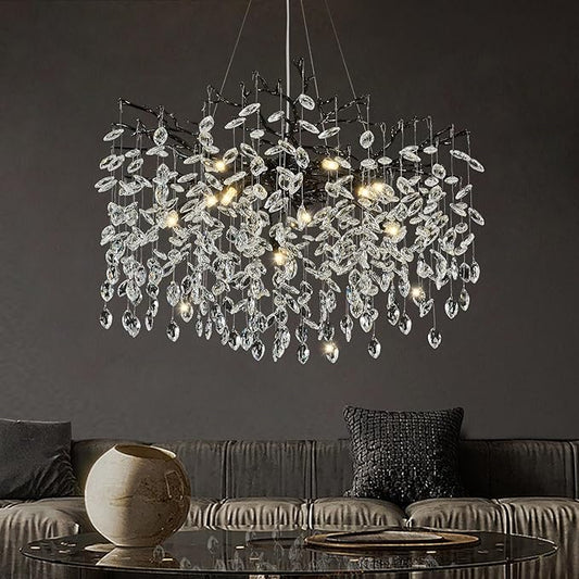 Modern Farmhouse Chandeliers for Dining Room, 24" Black Crystal Chandelier Round Tree Branch Chandelier 8-Light Dining Room Light Fixture Adjustable Antique Vintage Chandelier for Living Room