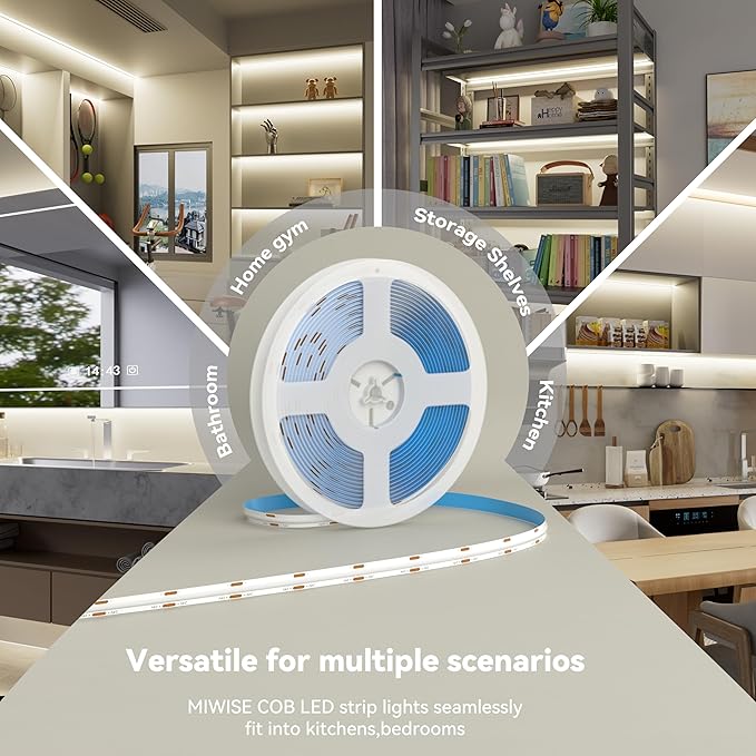 MIWISE COB LED Strip,4000K Natural White 20ft/6.1m,Dimmable Super Bright 24V LED Strip Light,CRI 90+ Flexible Tape Light with RF Remote Timer Function,for Home/Cabinet/Bedroom/TV DIY Lighting Project