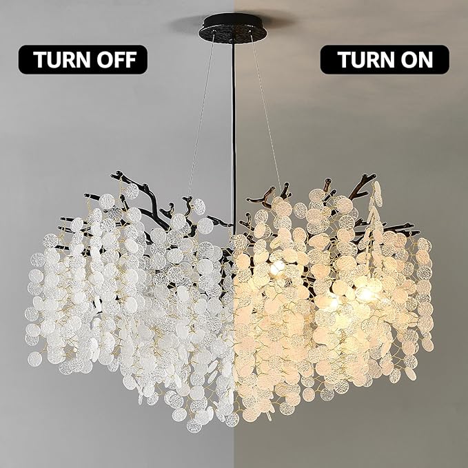 32 Inch Coastal Light Fixture, 10-Light Capiz Shell Chandelier, Modern Black Bedroom Chandeliers, Dining Room Foyer Lighting Fixtures, Boho Chandelier for Living Room Entryway