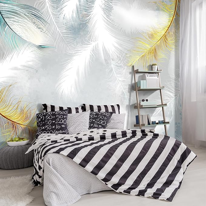 -Gold Modern Feather Fabric Wallpaper Living Room Bedroom Bathroom Large Wall Mural- 137"x96"（ not Peel and Stick）