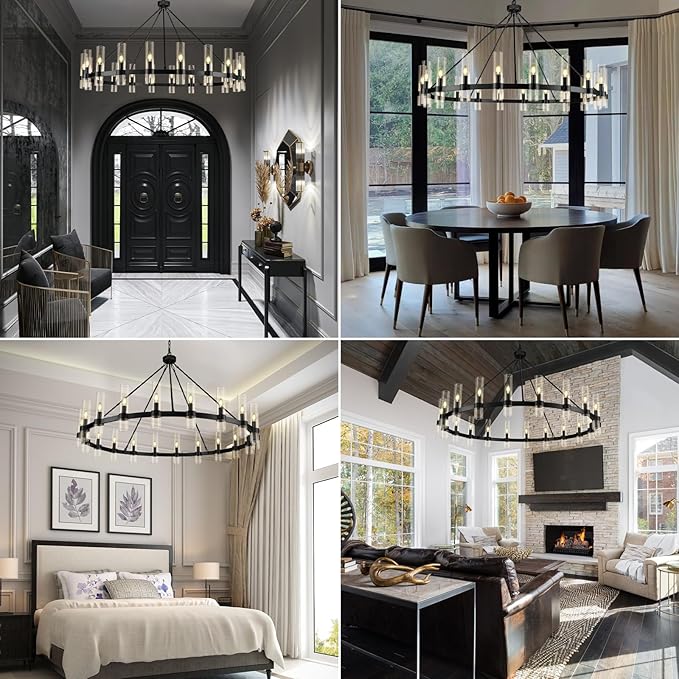 Black Wagon Wheel Chandelier, 60 Inch Chandeliers with Glass Shade, 20-Light Large Chandelier for High Ceiling, Modern Farmhouse Chandeliers for Living Room, Dining Room, and Entryway(Bulbs Included)
