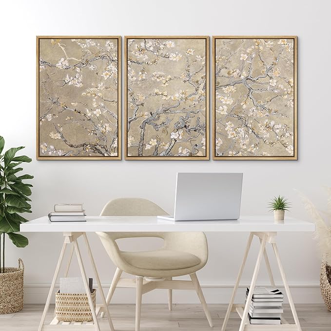 MUDECOR Framed Canvas Print Wall Art Blossoming Branches Vintage Floral Illustrations Realism Decorative for Living Room, Bedroom, Office - 24"x36"x3 Natural