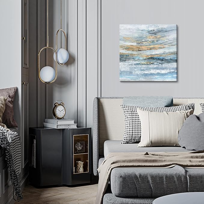 Abstract Canvas Wall Art Framed Light Blue Canvas Print Coastal Theme Artwork Modern Ocean Skyline and Sunset & Sunrise in the Seaside Large Sea Picture for Home Bedroom Decor 24x24inch