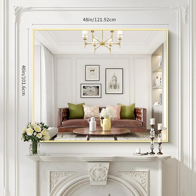40x48inch Gold Bathroom Mirror, Silver Rectangle Mirror with Frame, Large Rectangular Wall Mirrors for Bathroom, Living Room, Hair Salon, Big Farmhouse Mirror Hang Horizontal/Vertical