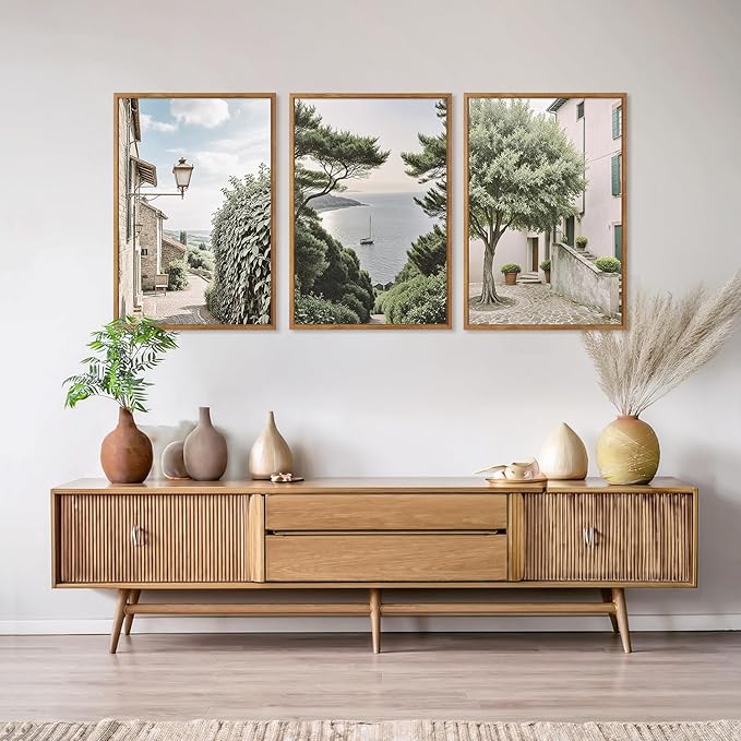Aurlan Neutral Italy Cityscape Gallery Framed Wall Art(24"x36"), 3PCS Vintage Mediterranean Countryside Landscape Canvas Artwork, Large Town Coast Streets Travel Decor Prints for Office Home