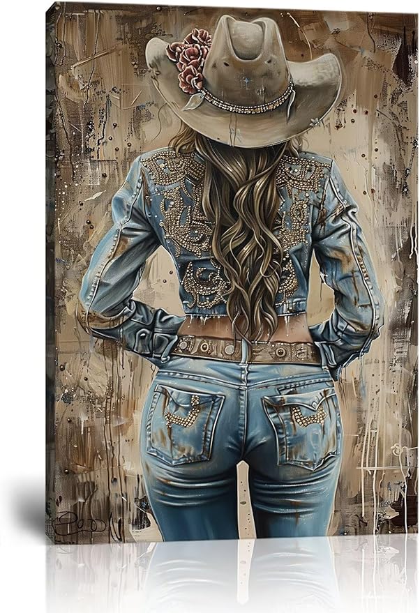 Beautiful Women Western Cowboy Pictures Wall Decor Retro Cowboy Wall Art Canvas Prints Southwestern Poster Trendy Western Painting Artwork for Bedroom Living Room Framed(12L" x 16W")