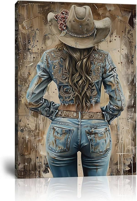 Beautiful Women Western Cowboy Pictures Wall Decor Retro Cowboy Wall Art Canvas Prints Southwestern Poster Trendy Western Painting Artwork for Bedroom Living Room Framed(24L" x 32W")