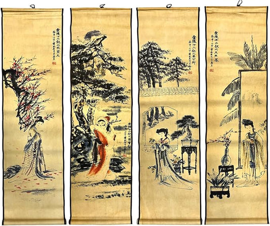 CIFIBIFUN Wall Asia Art Prints Posters Painting Chinese Vintage Style,4 Panels Scroll,Large Home Walls Dream of the Red Chamber (Light Old Aging Paper, a four beauty)
