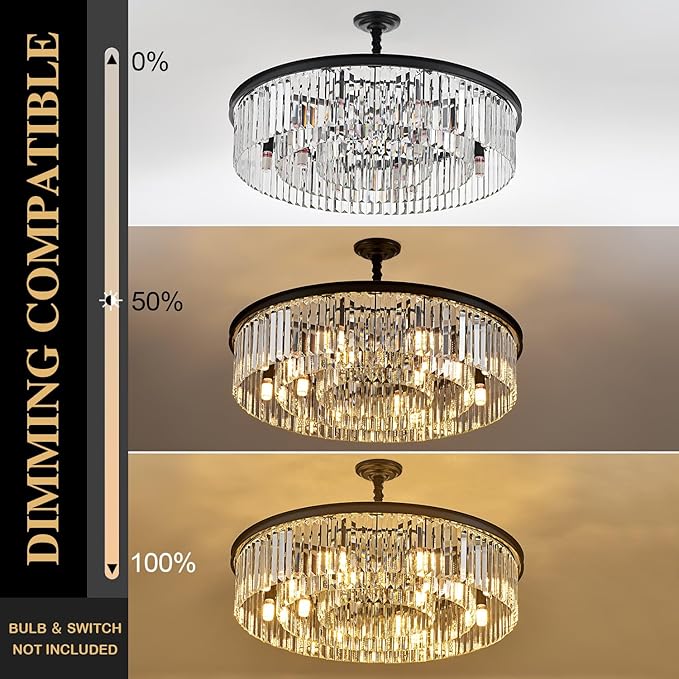 31.5" 12-Light Modern Crystal Chandelier Light Fixtures 3 Rings Black Luxury Chandeliers for Living Room Glam Round Hanging Ceiling Pendant Lighting for Entryway Kitchen Bedroom Dining Room