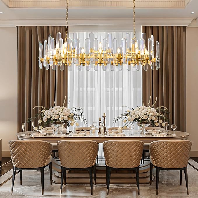 54" Modern Gold Crystal Chandelier, 24-Light Luxury Rectangular Chandelier for Dining Room, Kitchen Island, Living Room, Bedroom, Foyer, Contemporary Adjustable Chain Chandeliers K9 Light Fixture