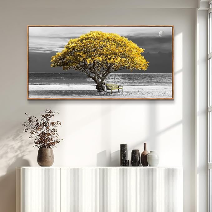 MHARTK66 Wood Framed Wall Decor For Living Room Large Canvas Wall Art For Office Bedroom Decoration Art Black And White Scenery Wall Painting Yellow Trees View Picture Hotel Room Home Artwork