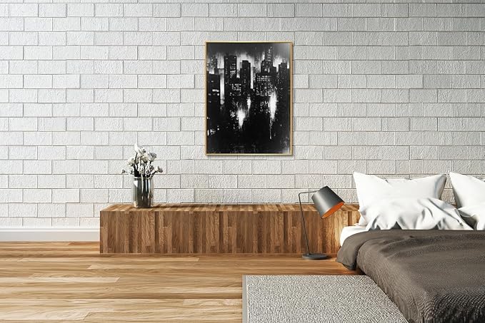 Abstract Cityscape Wall Art, Modern Urban Night Skyline Canvas Painting, Contemporary Expressionist City Decor (Gold, 35" W x 47" L / 90x120cm, Framed)