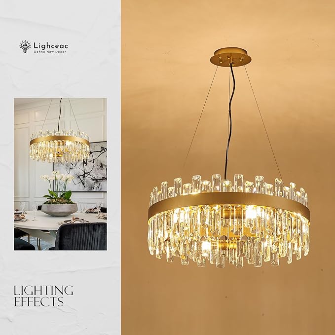 21.7" Gold Modern Crystal Chandelier Light Fixtures Luxury 2 Rings Crystal Chandeliers for Dining Room 12-Light Round Hanging Pendant Lighting for Living Room Kitchen Island Entryway Bedroom