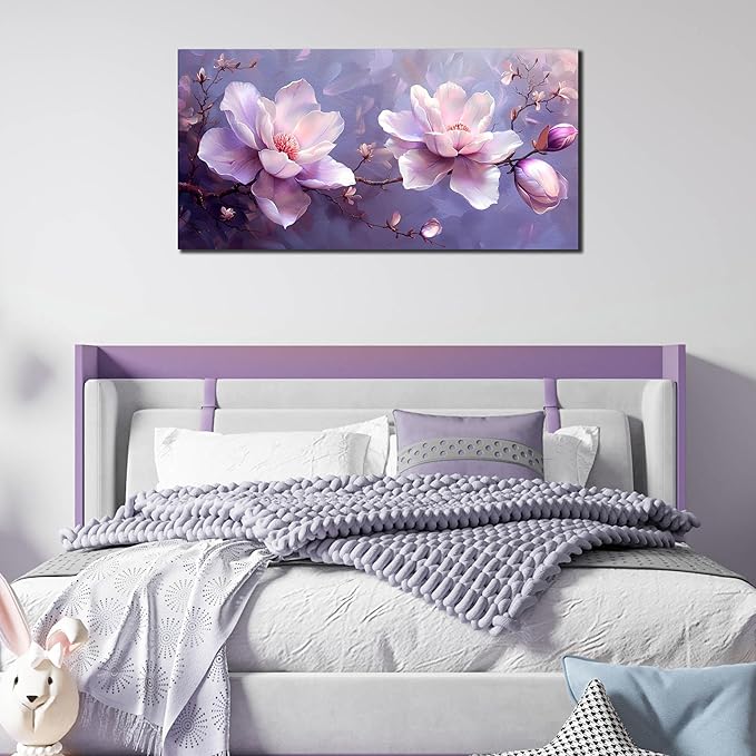 ANCXWOTER Botanical Wall Art Pink Purple Flower Artwork Modern Floral Canvas Prints for Living Room Bedroom Office Kitchen 20"x40"