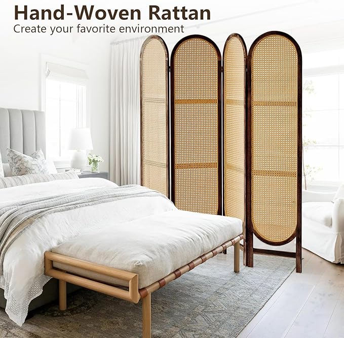 4 Panels Room Dividers and Hand-Woven Rattan Room Divider Wall, Wood Room Divider Folding Privacy Screens for Home Office Bedroom, Brown