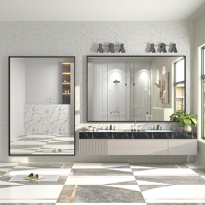 60x36 Inch Black Metal Framed Bathroom Mirror for Wall, Large Rectangle Mirror, Matte Black Bathroom Vanity Mirror, Anti-Rust, Square Corner, Shatterproof, Hangs Horizontally or Vertically