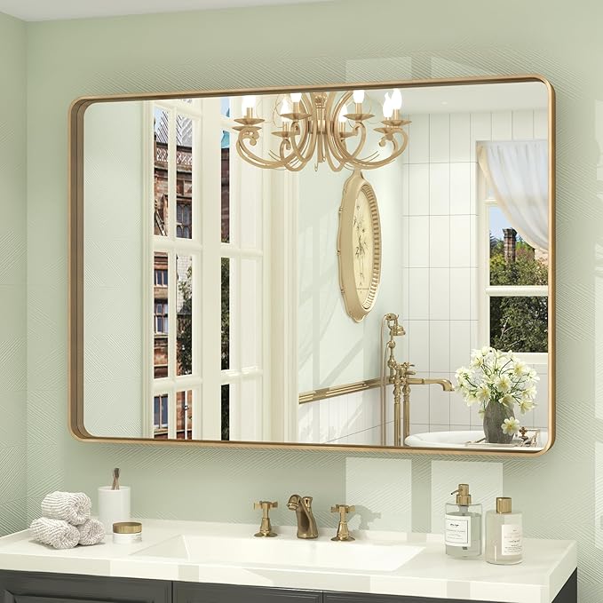 44x30 Gold Framed Mirror for Bathroom, Brushed Gold Brass Bathroom Mirror, Rectangle Gold Bathroom Vanity Mirror for Wall, Shatterproof, Anti-Rust, Hangs Horizontally or Vertically