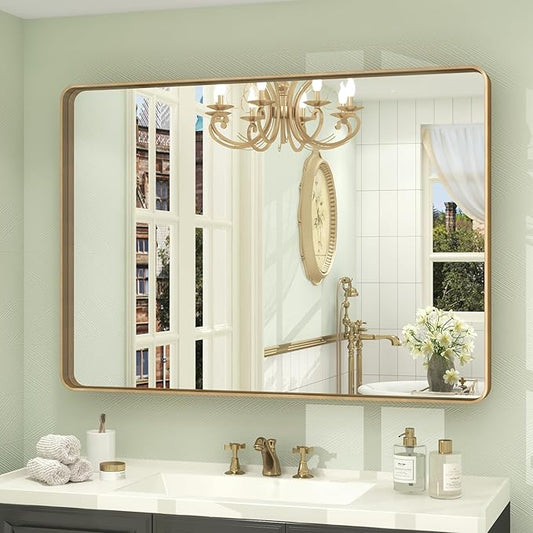 44x30 Gold Framed Mirror for Bathroom, Brushed Gold Brass Bathroom Mirror, Rectangle Gold Bathroom Vanity Mirror for Wall, Shatterproof, Anti-Rust, Hangs Horizontally or Vertically