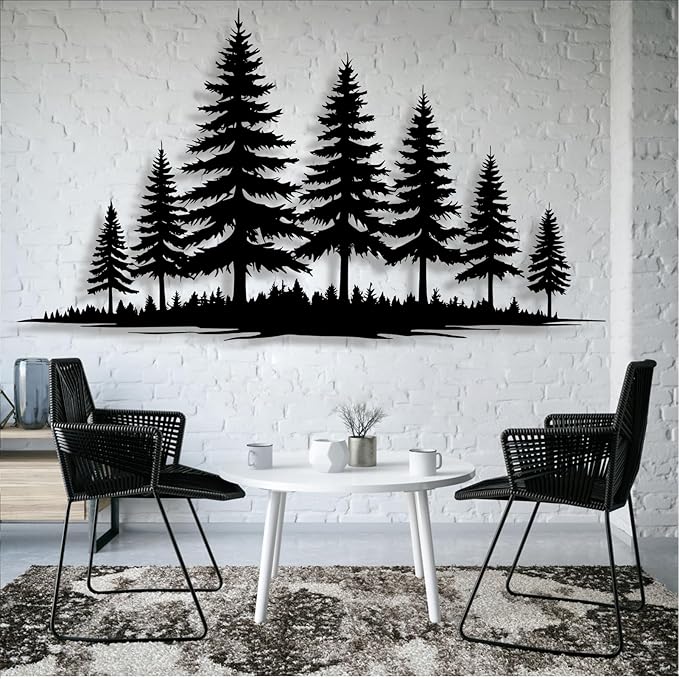lunwall Metal Pine Tree Wall Art, Metal Forest Wall Art, Pine Branch Wall Decor, Christmas Tree Wall Decor, Forest Wall Hanging, Nature Lover Gift (Style 2, 53" W x 30" H / 135 x 76 cm)