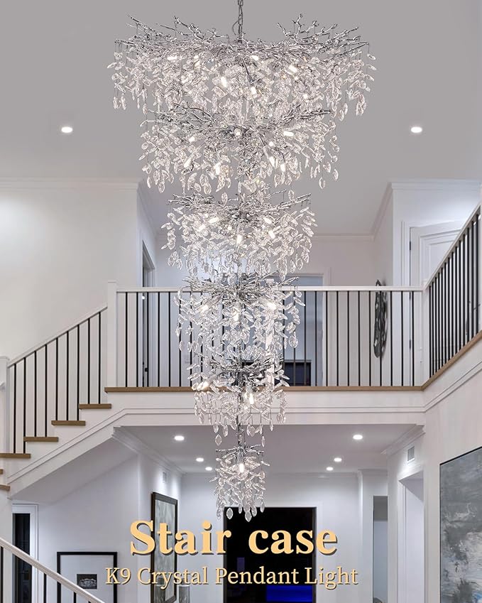 Luxury Silver 6-Tier Large Foyer Entrance Crystal Chandeliers Modern Long Staircase K9 Chandeliers for High Ceiling Big Crystal Chandelier(Height 75 Inch 43 Lights)