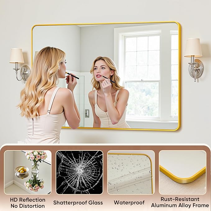 Antok Wall Mirror, 22"x30" Bathroom Vanity Mirror, Anti-Rust HD Tempered Glass, Wall Mounted Mirrors for Living Room, Entryway, Gold Frame, Rect