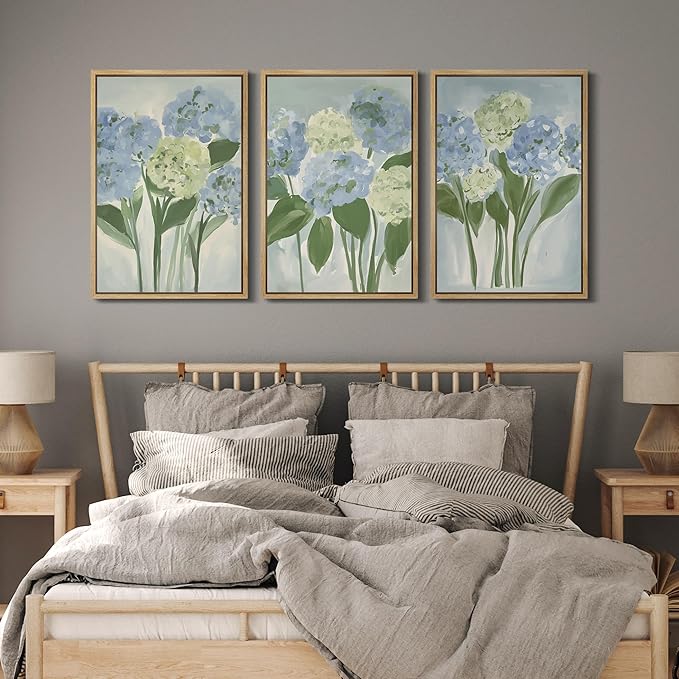 MUDECOR Framed Wall Art Print Set Blue Hydrangea Floral Botanical with Green Leaves Illustrations Modern Art Boho Decorative Colorful Chic for Living Room, Bedroom, Office - 16"x24"x3 Natural