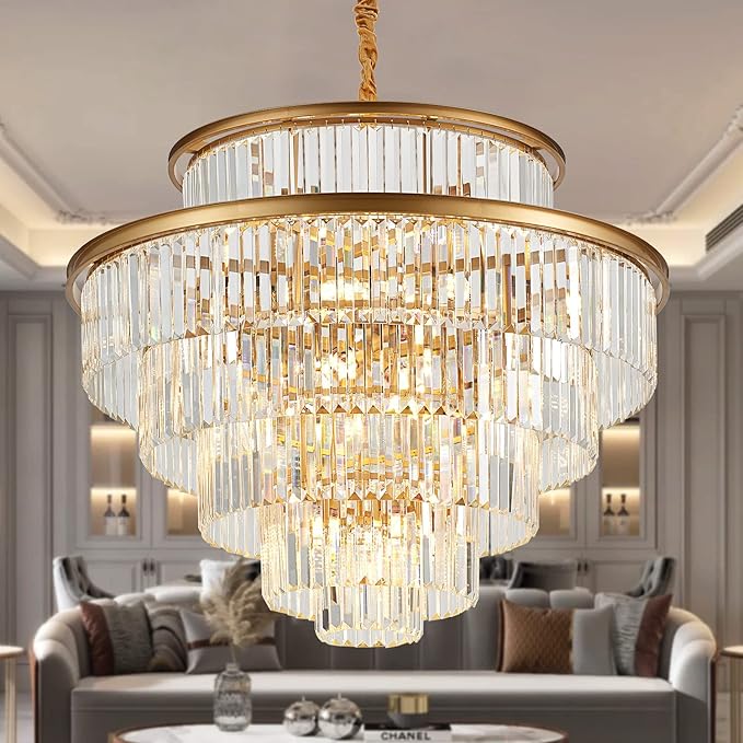 35" 24-Light Modern Crystal Chandelier Light Fixture Large 6-Tier Gold Luxury Chandeliers for Dining Room Round Hanging Pendant Lighting for Living Room Kitchen Entryway Bedroom Foyer Lobby