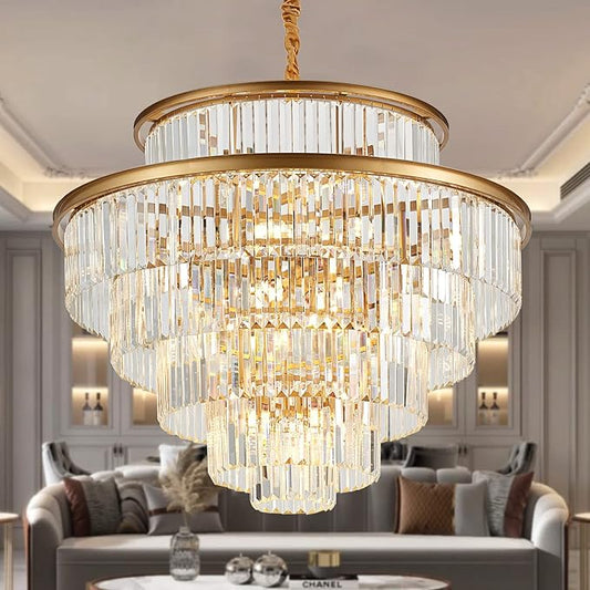 35" 24-Light Modern Crystal Chandelier Light Fixture Large 6-Tier Gold Luxury Chandeliers for Dining Room Round Hanging Pendant Lighting for Living Room Kitchen Entryway Bedroom Foyer Lobby