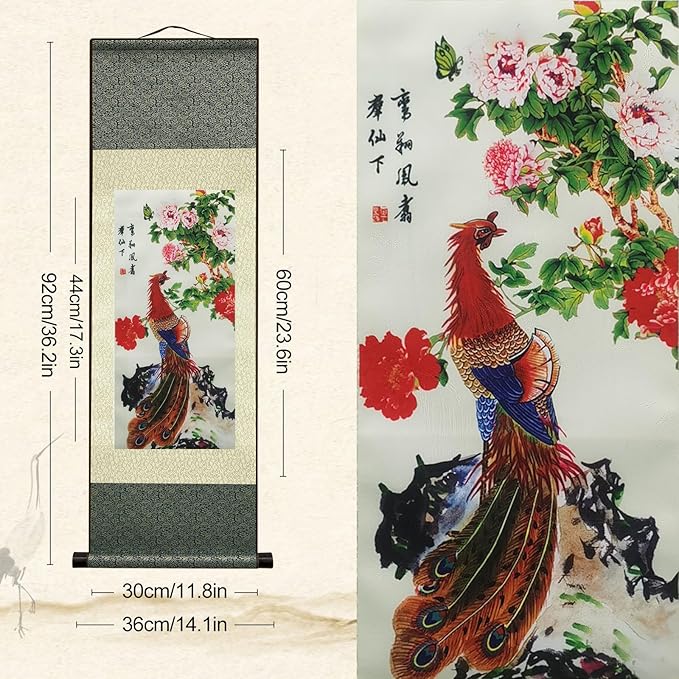 AtfArt Asian Wall Decor Beautiful Silk Scroll Painting Birds - Phoenix - Luan Xiang Feng Zhu Oriental Decor Chinese Art Wall Scroll Wall Hanging Painting Scroll (36.2 x 12 in)