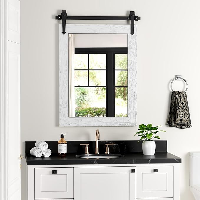Bathroom Mirror for Over Sink 18”x24” Farmhouse Barn Door Mirror Rustic Wood Framed Wall Mirror for Bathroom, Bedroom, Entryway (White