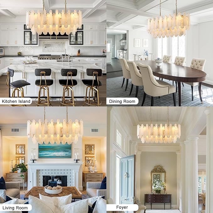 Chandeliers for Dining Room, L39.4in Modern Alabaster Rectangle Brass Chandelier, 4-Tiers Luxury Natural Stone Ceiling Light Fixture, White Marble Chandeliers for Kitchen Island Living Room