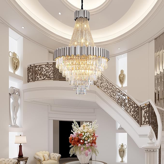 54" Long Crystal Chandelier for High Ceilings, 21-Light Modern Silver Large Chandeliers for Staircase Foyer Entryway Living Room Hallway, Luxury Top K9 Crystal Tiered Ceiling Light Fixture