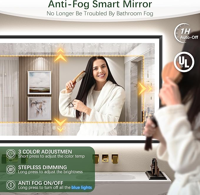 60x36 Black Framed Led Bathroom Mirror with Lights, Front Lit and Backlit, Lighted Vanity Mirror for Bathroom Wall, Anti-Fog, Dimmable, 3 Colors, Memory, HD Tempered Glass