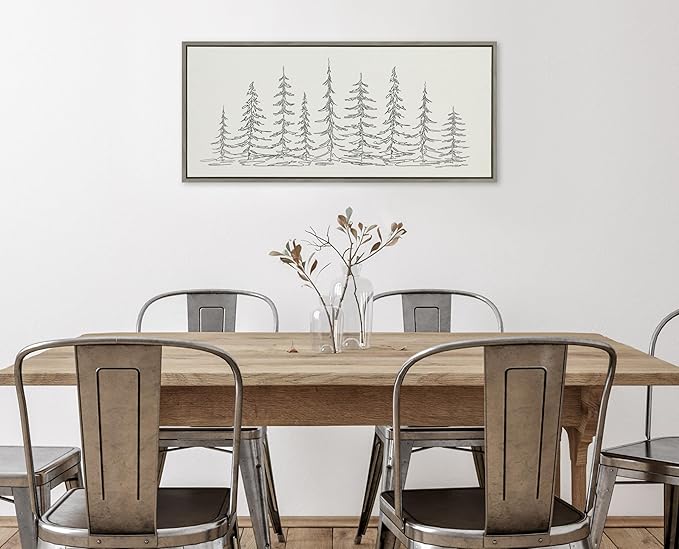 Kate and Laurel Sylvie Minimalist Evergreen Trees Sketch BW Framed Canvas Wall Art by The Creative Bunch Studio, 18x40 Gray, Minimal Christmas Tree Art for Wall