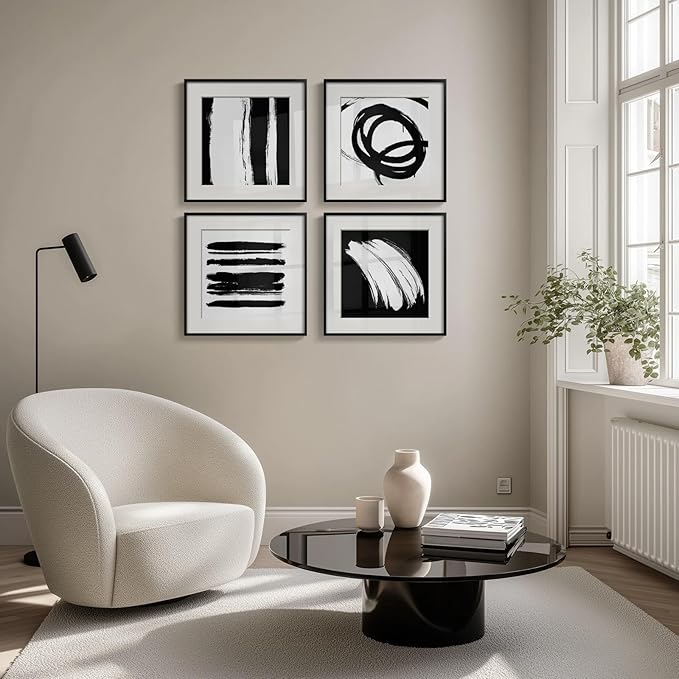 4 Piece Framed Abstract Minimalist Wall Art Sets, Black and White Line Modern Home Decor Artwork, Contemporary Picture Painting for Living Room, Bedroom, Bathroom and Hallway 12x12 Inch