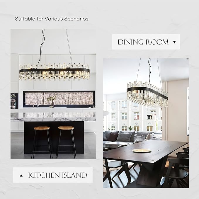 39" Modern Black Rectangle Crystal Chandelier Light Fixtures for Kitchen Island Luxury Linear Crystal Chandeliers for Dining Room 16-Light Long Hanging Pendant Lighting for Entryway Foyer Bar
