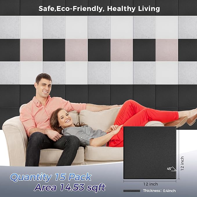 15 pcs 165dtex Microfiber Acoustic Panels ，Self-Adhesive Soundproof Wall Panels, 12 x 12 x 0.4 in Sound Proof Foam Panels for Walls, High Density, Noise Dampening Panels for Home Studio（Black）