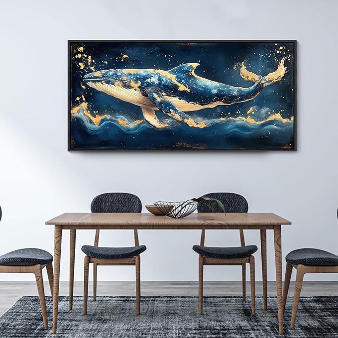 JEAWA Large Framed Canvas Wall Art - 24x48 IN Marine Animal Painting Wall Decor, Blue White Gold Whale Picture, Modern Art Prints for Living Room Bedroom Bathroom Home Decoration
