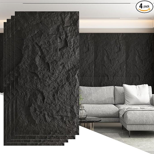 OUZUGIE 4 PCS Faux Stone Wall Panel 47.2’’ x 23.6’’ Interior Exterior Wall Decor 3D PU Panel with Lava Stone Design Black