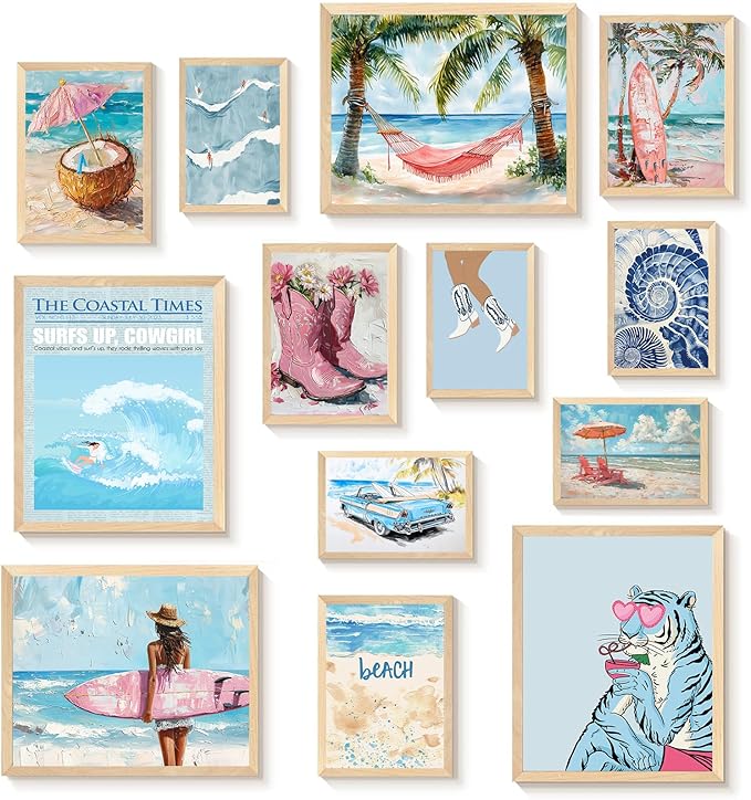 KBKBART Coastal Cowgirl Room Decor Aesthetic Set of 13, Coastal Granddaughter Prints For Wall Decorations, Preppy Cowgirl Wall Art, Blue Beach Room Posters For Teen Girls Bedroom Decorations (Unframed)