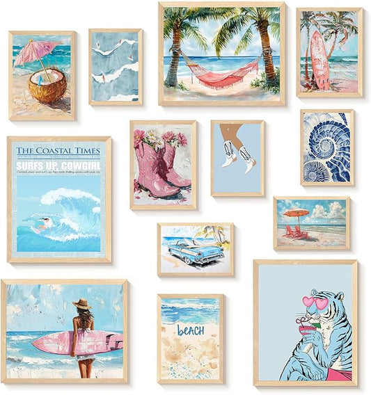 KBKBART Coastal Cowgirl Room Decor Aesthetic Set of 13, Coastal Granddaughter Prints For Wall Decorations, Preppy Cowgirl Wall Art, Blue Beach Room Posters For Teen Girls Bedroom Decorations (Unframed)