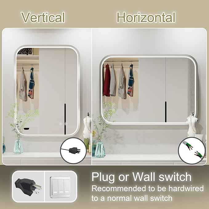 20x28 Inch Silver Frame LED Bathroom Mirror with Lights, Adjustable 3000K/4500K/6000K, Wall Mounted Lighted Bathroom Vanity Mirrors, Anti-Fog, Dimmable, Memory Funtiom, Horizontal/Vertical